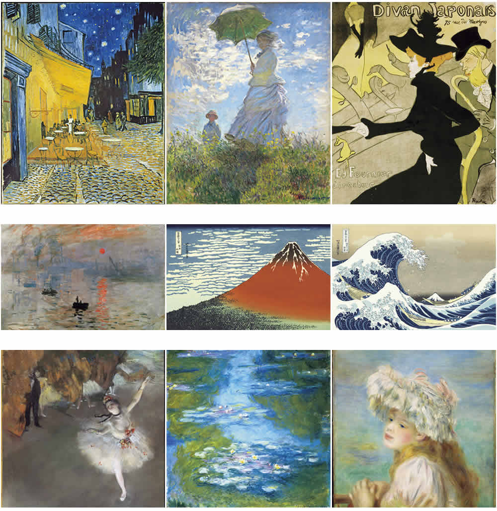 左側一番上：Vincent van Gogh（ヴィンセント・ファン・ゴッホ）
作品名：夜のカフェテラス

中側一番上：Claude Monet（クロード・モネ）
作品名：日傘をさす女

右側一番上：Henri de Toulouse-Lautrec（アンリ・ド・トゥールーズ＝ロートレック）
作品名：ル・ディヴァン・ジャポネ

左側2段目：Claude Monet（クロード・モネ）
作品名：印象・日の出

中側2段目：Katsushika Hokusai（葛飾北斎）
作品名：神奈川沖浪裏 / 富嶽三十六景より

右側2段目：Katsushika Hokusai（葛飾北斎）
作品名：凱風快晴 / 富嶽三十六景より（赤富士）

左側3段目：Edgar Degas（エドガー・ドガ）
作品名：舞台の踊り子

中側3段目：Claude Monet（クロード・モネ）
作品名：睡蓮

右側3段目：Pierre-Auguste Renoir（ピエール＝オーギュスト・ルノワール）
作品名：レースの帽子の少女

